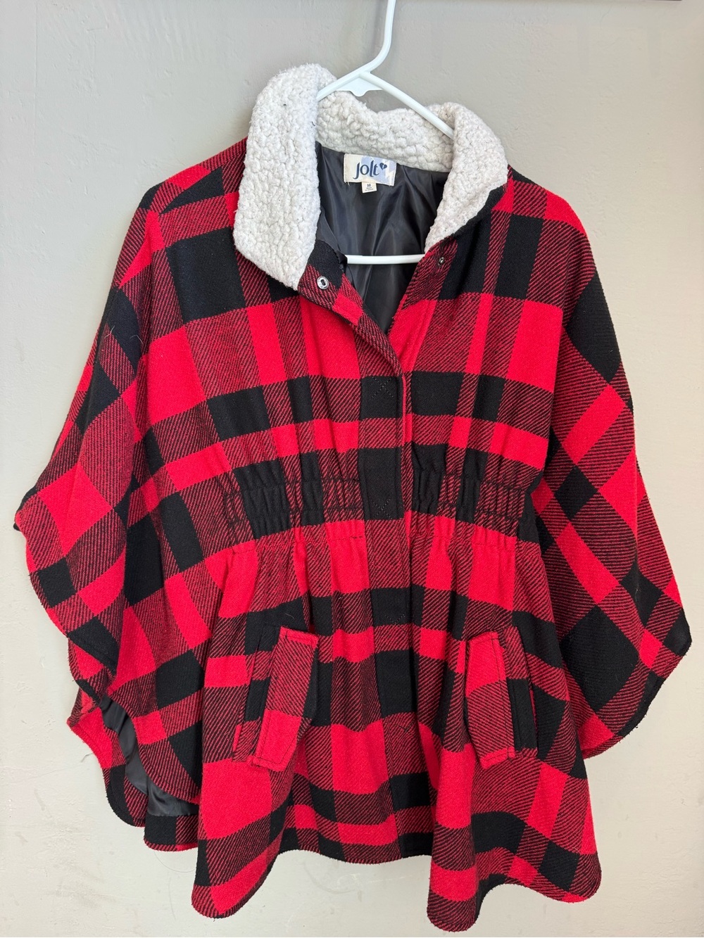 Jolt Red & Black Buffalo Plaid Sherpa Collar Jacket/Cape